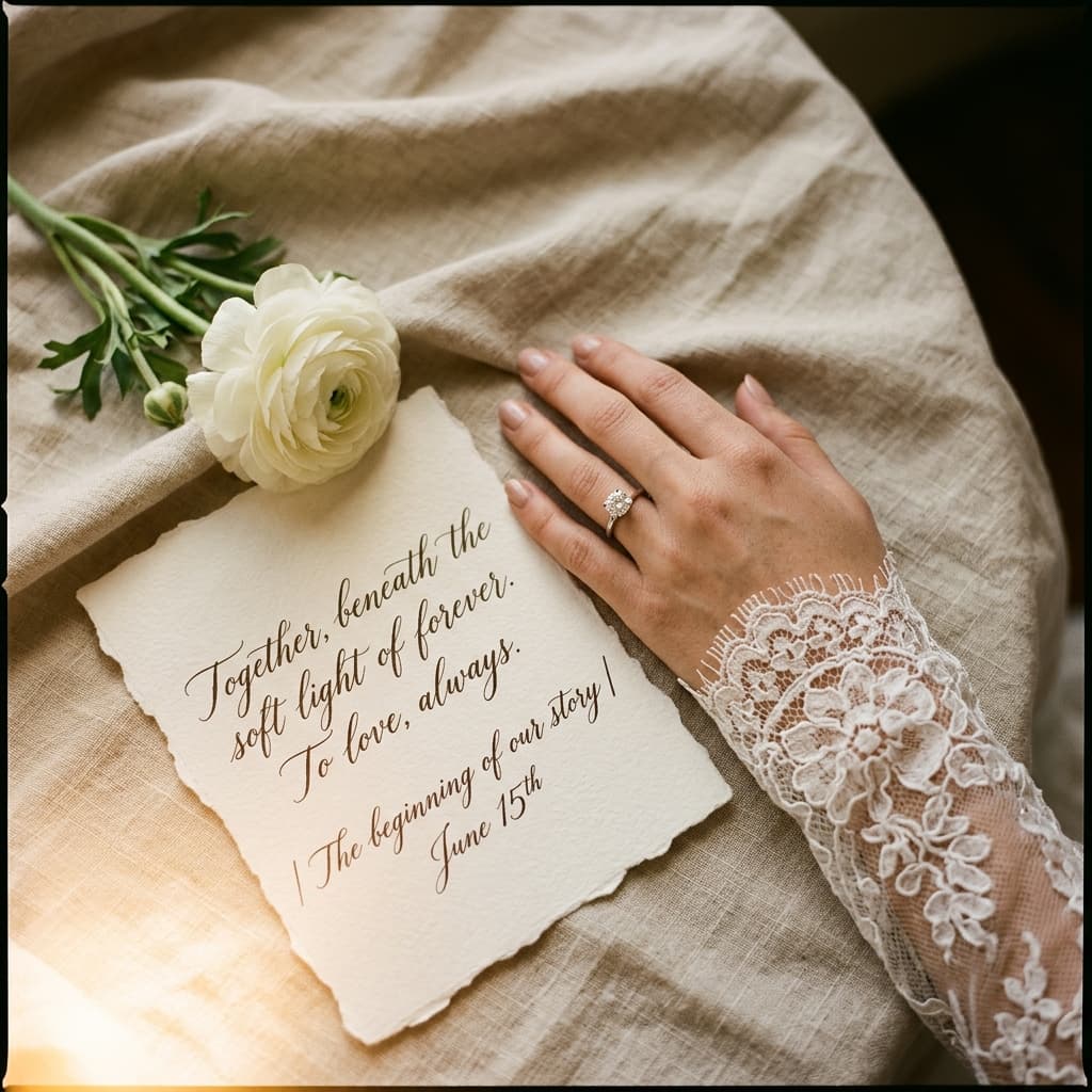 Quiet Atelier wedding table setup with linen, flower and handwritten place card