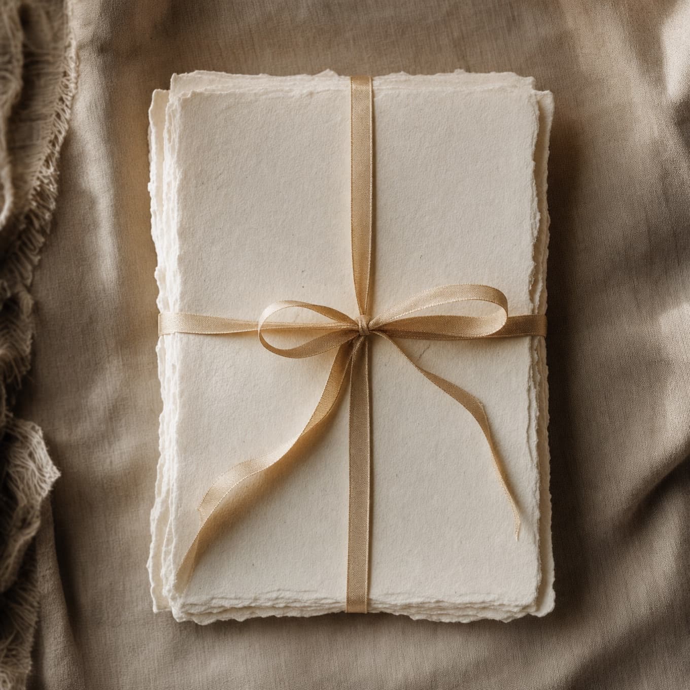 Hand-pressed wedding stationery tied with ribbon