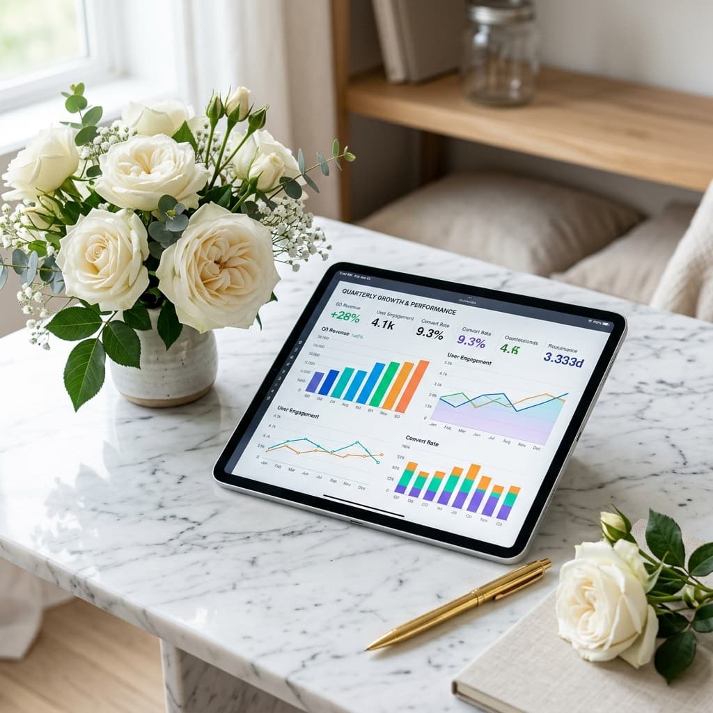 Analytics tablet dashboard on marble desk